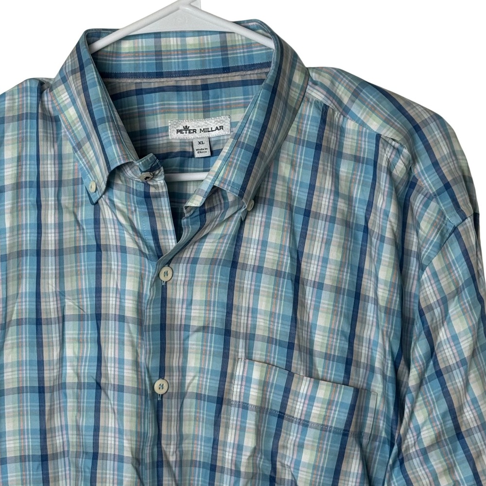 Peter Millar Button Down Shirt Mens XL‎ Blue Plaid Cotton Silk Blend Long Sleeve